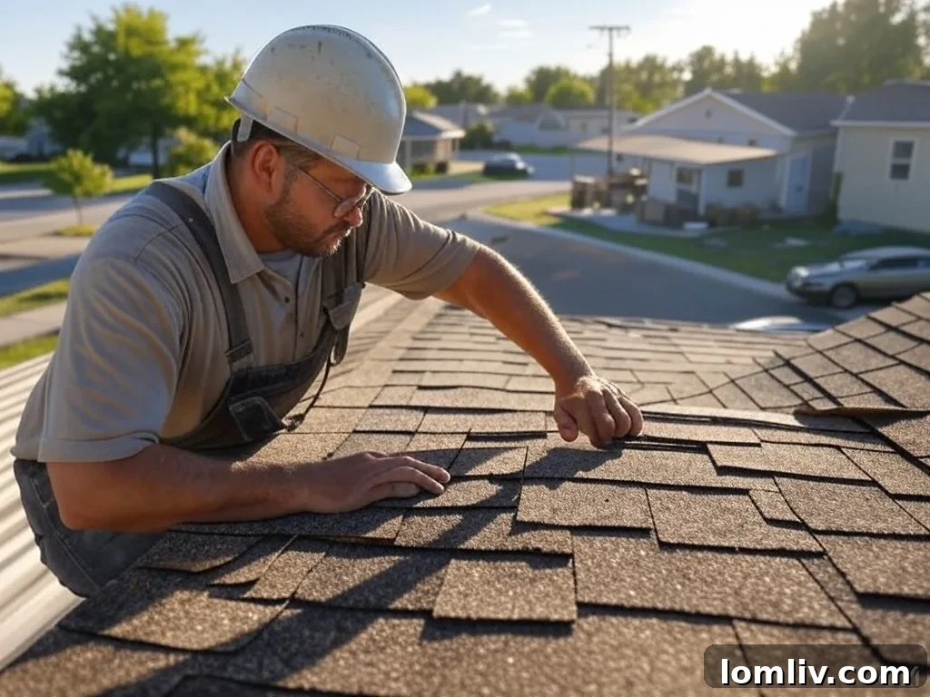 A professional roofing inspector examining the roof of a house.