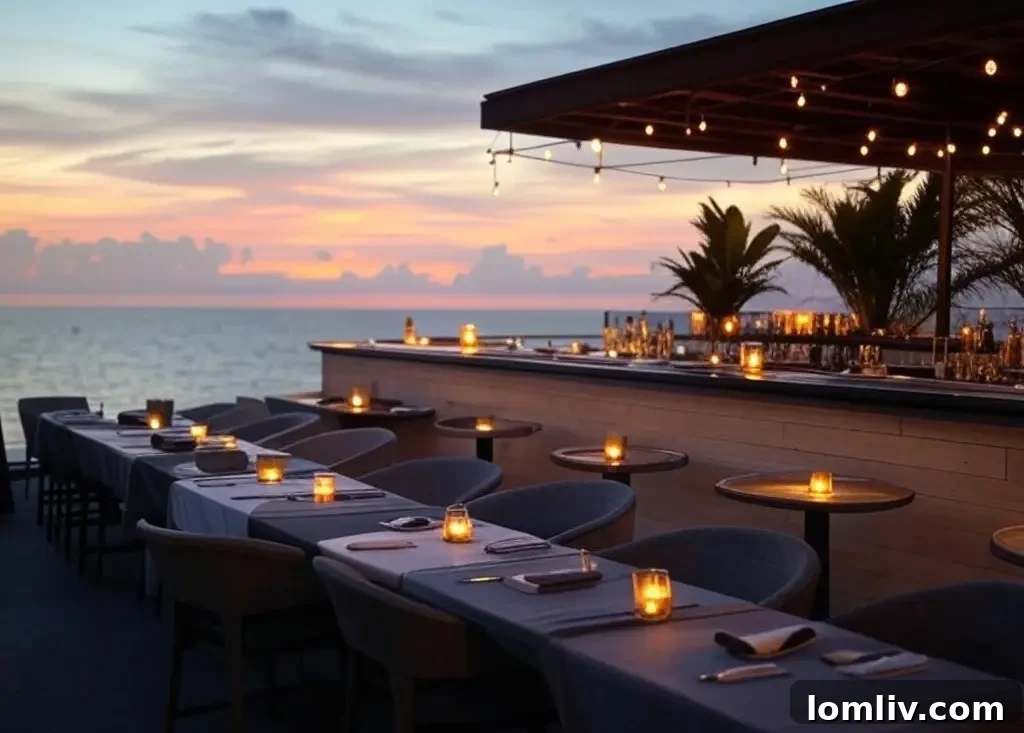 Elegant dining experience at a Fort Lauderdale rooftop restaurant, featuring gourmet dishes and refreshing drinks set against a beautiful city backdrop.