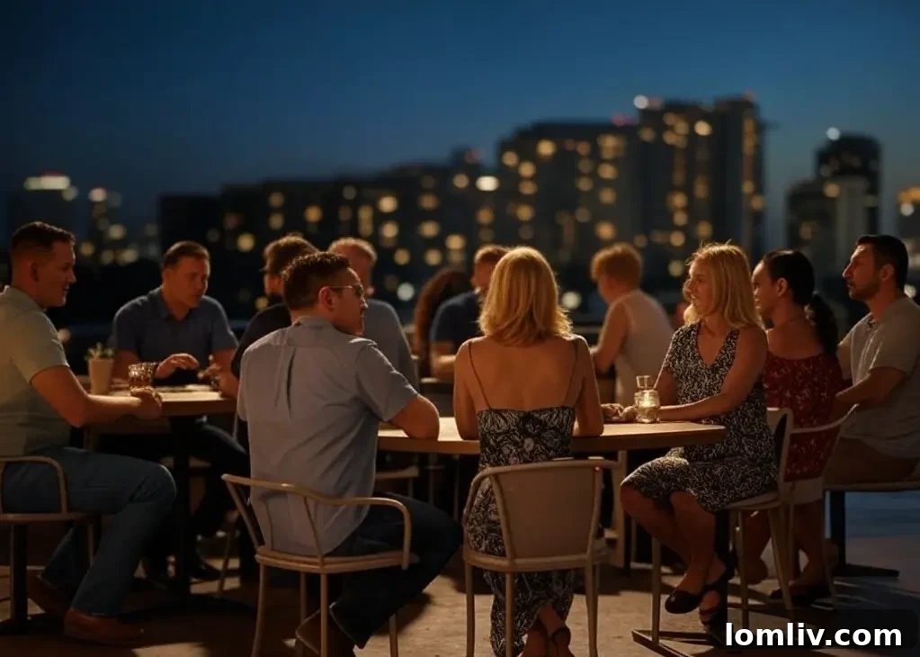 People enjoying a lively evening on a Fort Lauderdale rooftop, sharing stories and laughter, with soft ambient lighting and city views.