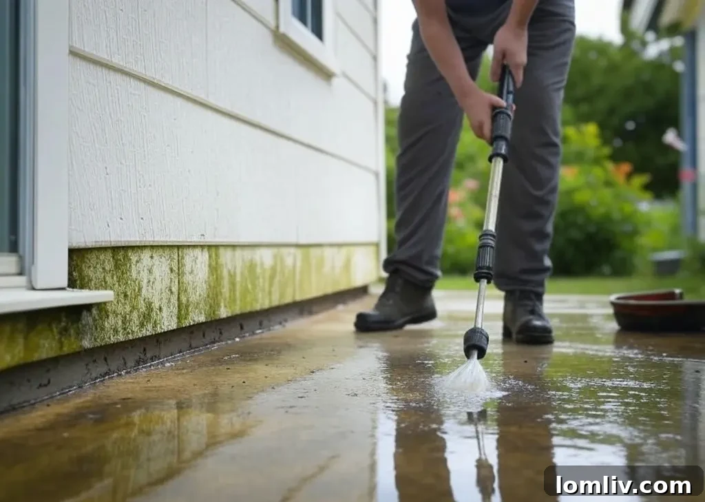 Pressure Washing: Speedy Deep Clean Made Easy 3 Close-up of a pressure washing technician removing mold from a wall
