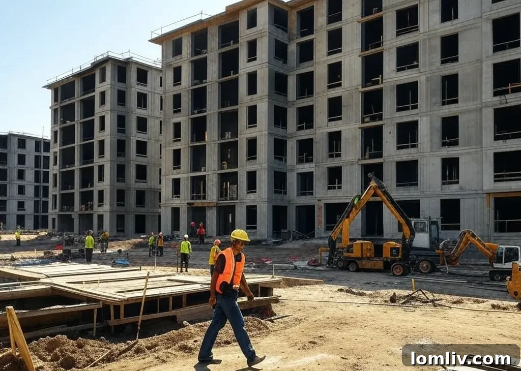 Construction site with workers and heavy machinery