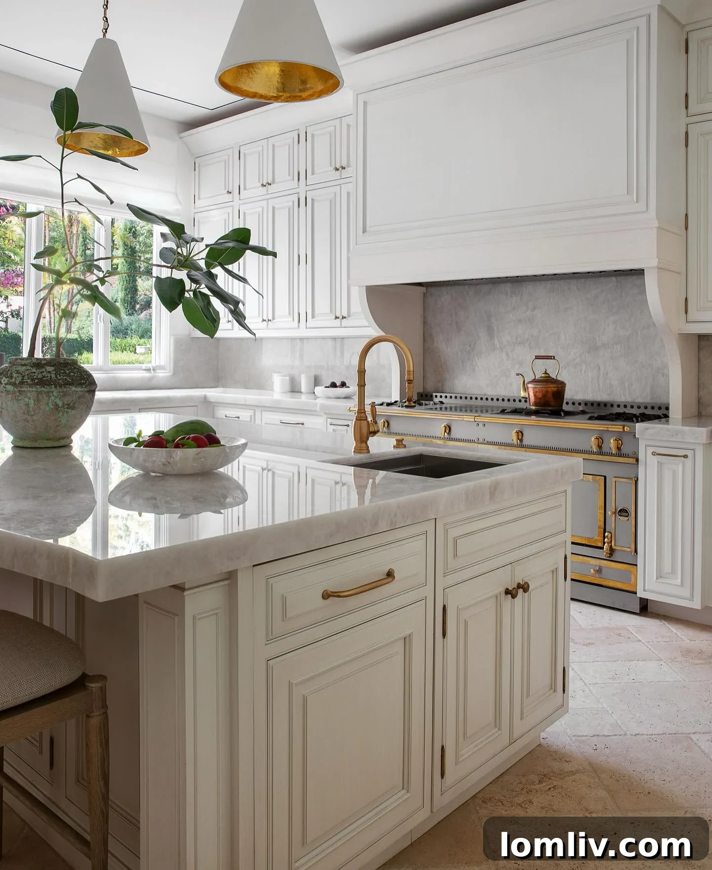 Close-up of Sofia Vergara's exquisite French-inspired La Cornue range, a centerpiece of her kitchen.