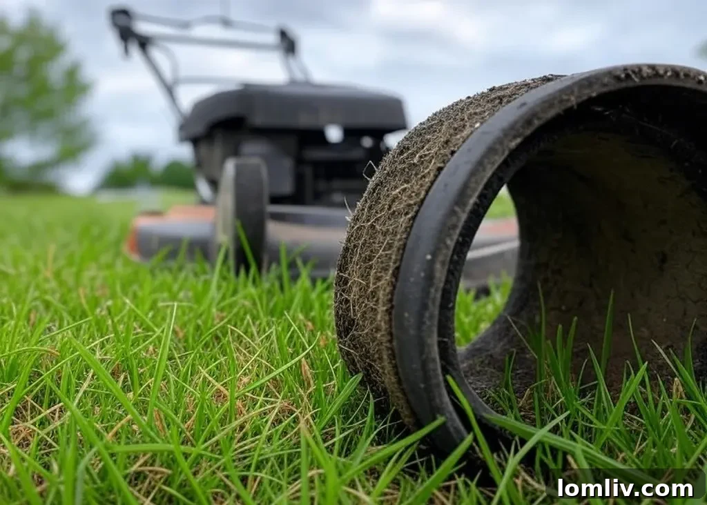 A mechanic inspecting a worn lawn mower belt, checking for cracks and fraying.