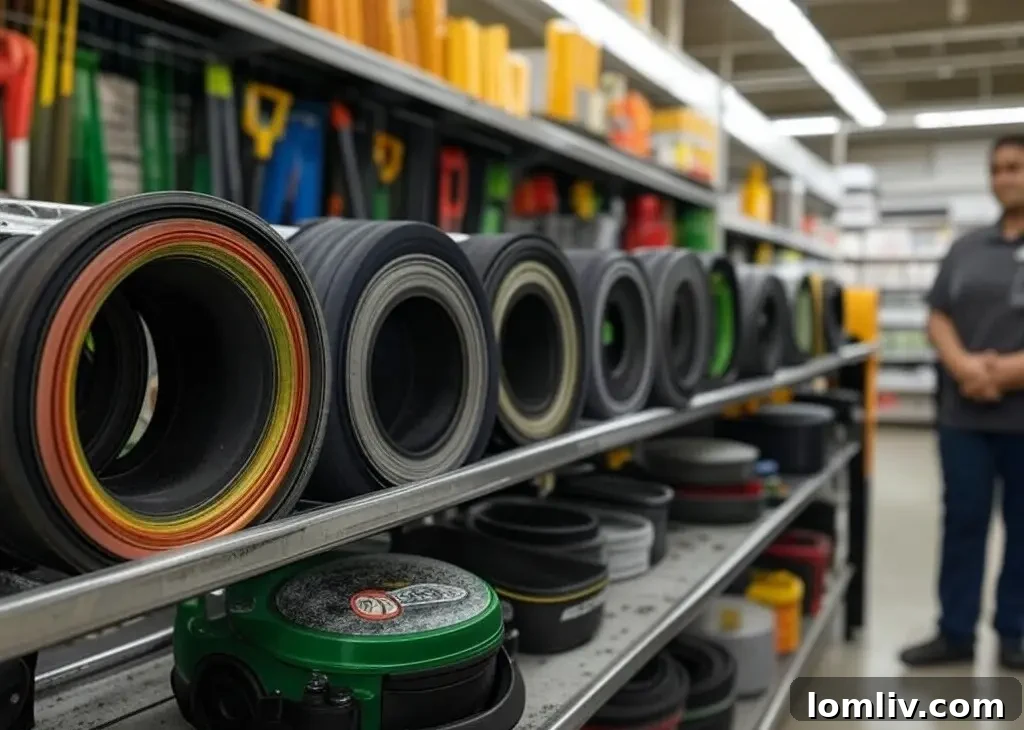 Various types of lawn mower belts displayed on a shelf in a hardware store, ready for purchase.