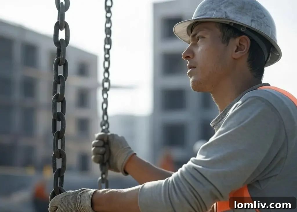 Construction workers inspecting a lifting chain on a construction site