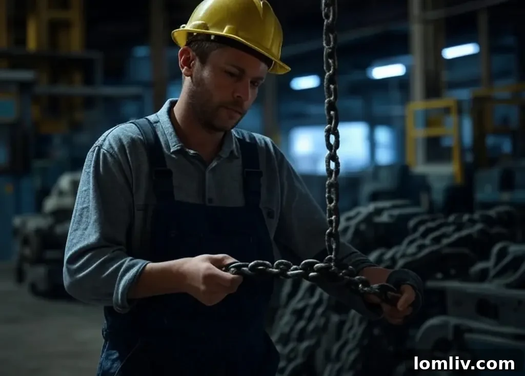 Close-up of a construction worker inspecting a heavy-duty lifting chain for wear and damage