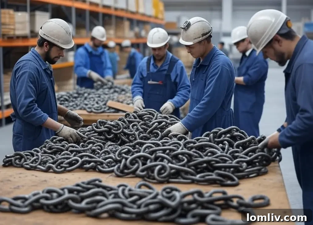 Organized storage of heavy-duty lifting chains on a rack in a clean facility