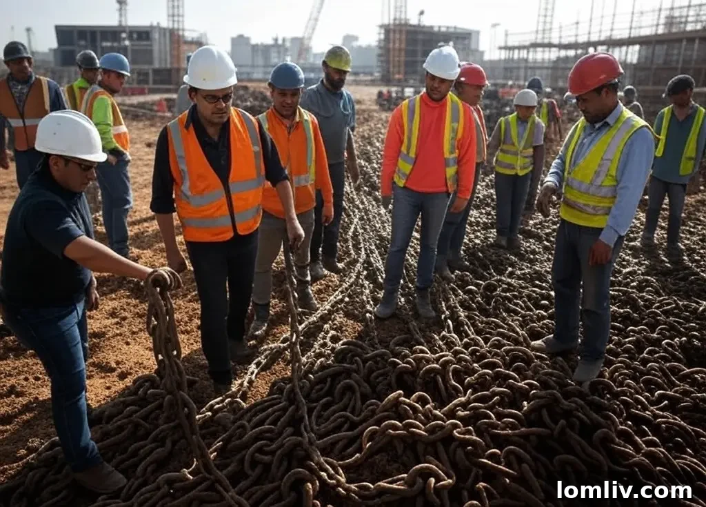 Professional inspector meticulously examining a heavy-duty lifting chain with specialized tools