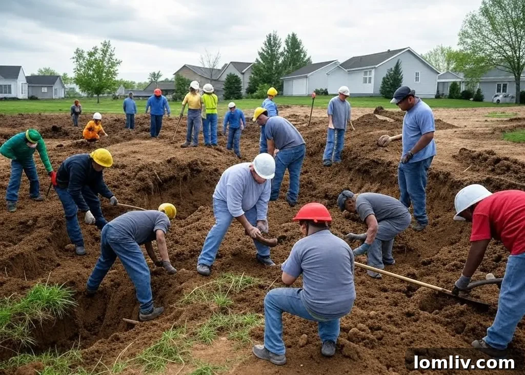 Excavation work in a garden setting, preparing the ground for landscaping features like a patio.