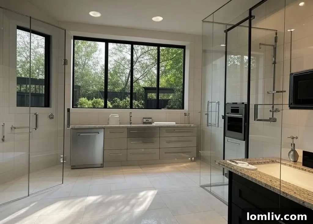 Luxurious bathroom interior with double sinks, a spacious walk-in shower, and elegant tiling, designed for relaxation.