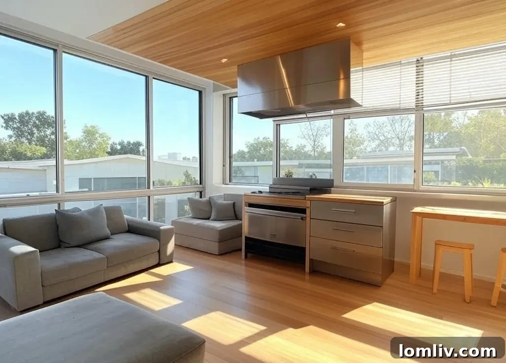 Modern living room integrated with various smart home technologies, featuring a smart thermostat and automated lighting.