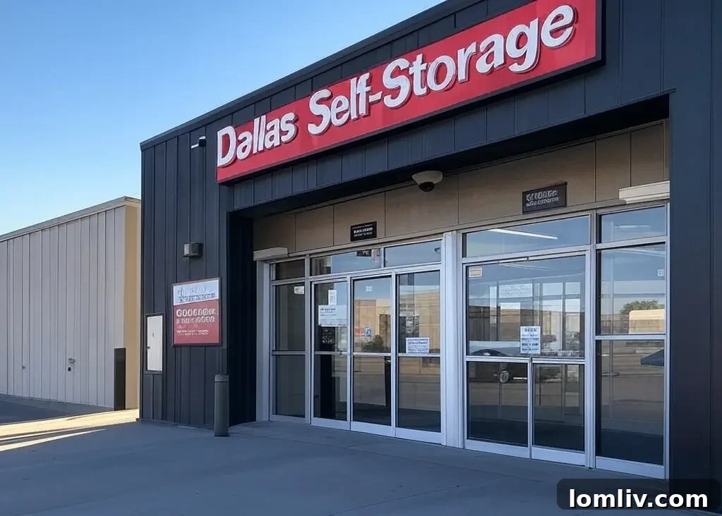 Modern self-storage facility with clear security features and ample parking, ready for customers in Dallas.