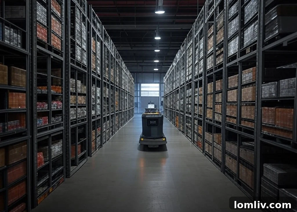 Various components of an ASRS in a warehouse