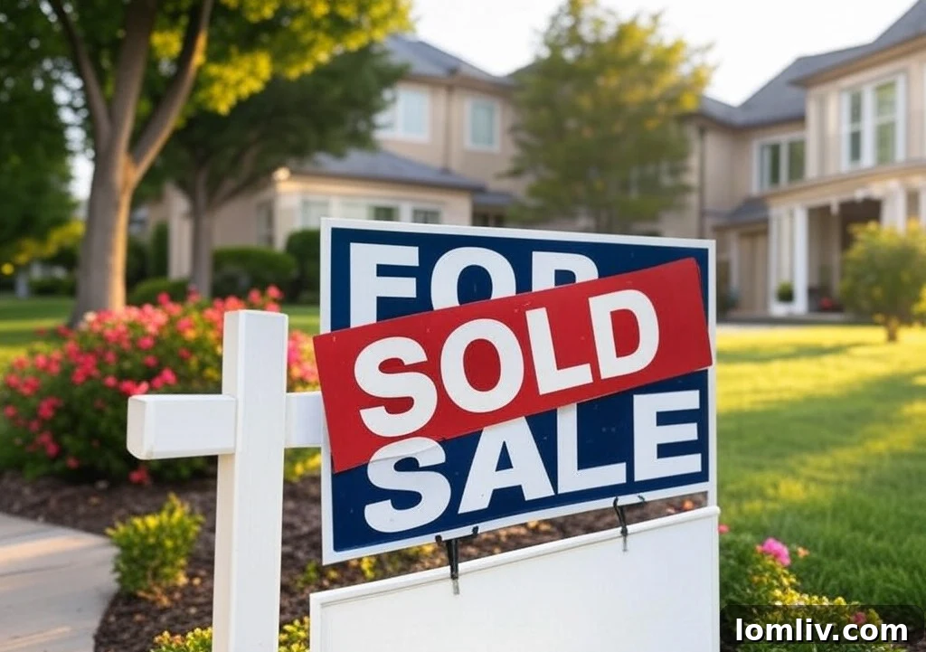 A 'Sold' sign in front of a house with a celebratory family, representing a successful and streamlined home sale.