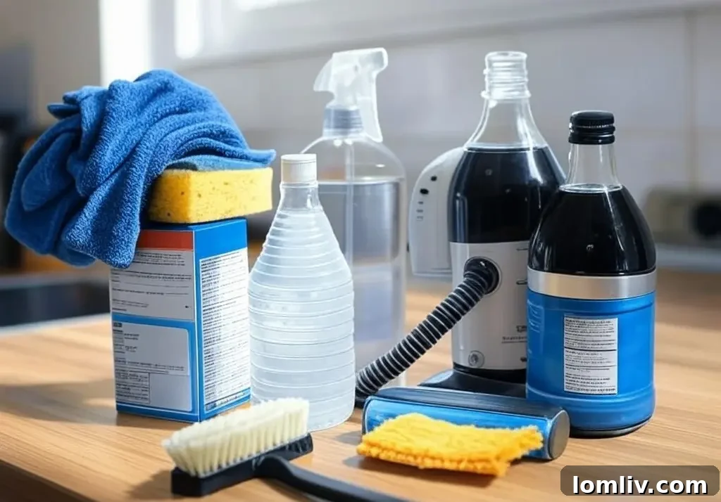 Various cleaning supplies neatly arranged on a white counter top.