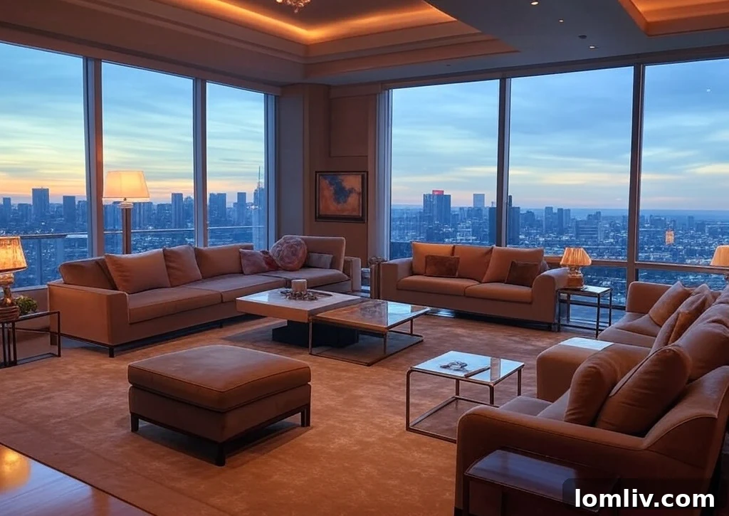 Panoramic view of London's skyline at sunset, showcasing luxury penthouses with city lights and prominent landmarks.