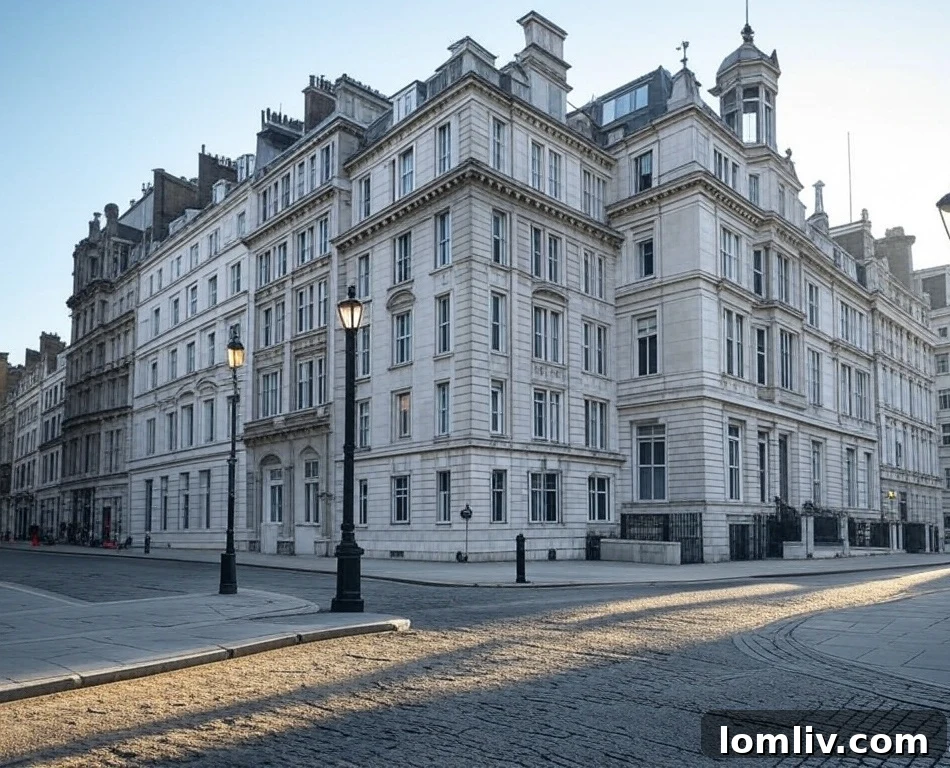 Historic Georgian townhouses and elegant street in Mayfair, London, reflecting its affluent and sophisticated character.