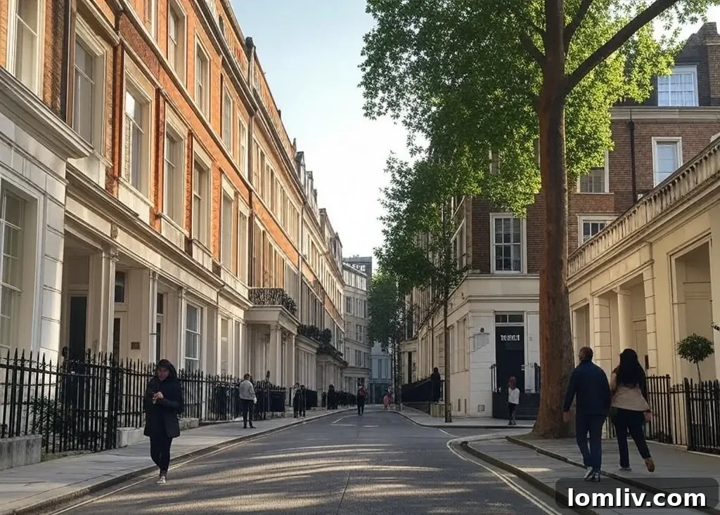 Elegant stucco-fronted terraced houses in Belgravia, London, showcasing its peaceful, tree-lined streets and luxurious residential character.