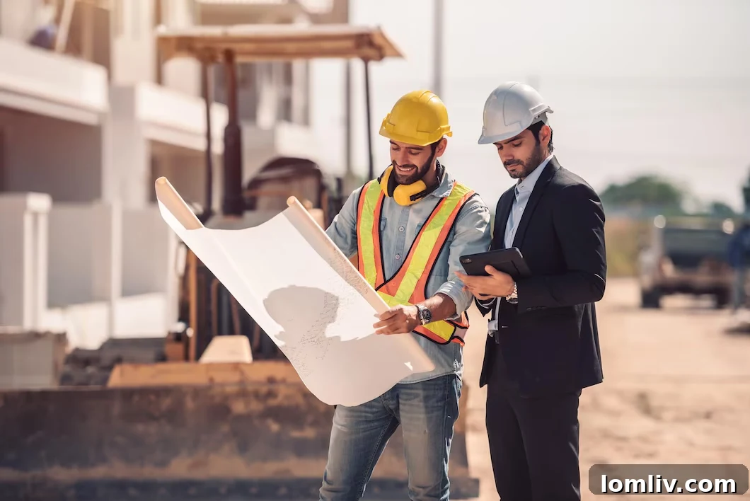 Architect consulting with a client, pointing at blueprints