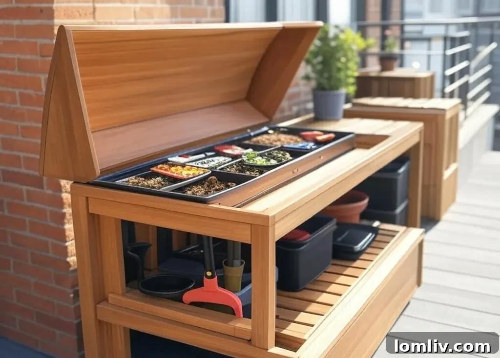 A stylish and compact outdoor seating area with multi-functional furniture, including a bench with storage and a small table, designed for small spaces.