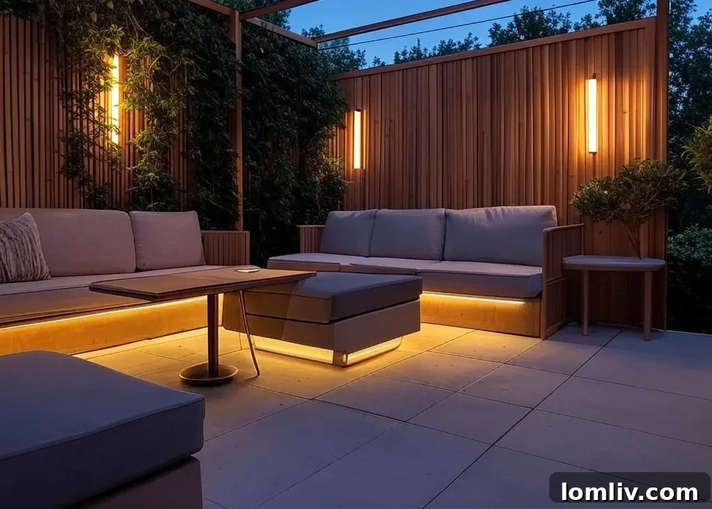 An inviting outdoor patio illuminated by string lights, wall sconces, and ambient lighting, creating a warm and magical evening atmosphere.