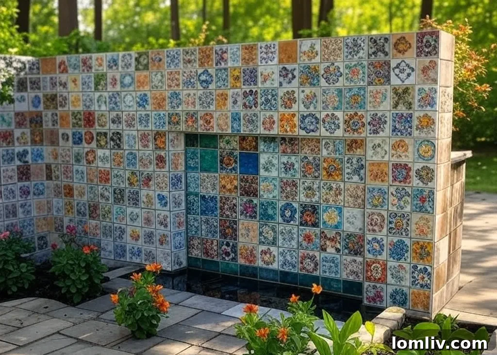A serene small outdoor space featuring a modern wall-mounted water fountain surrounded by lush green plants, creating a calming ambiance.