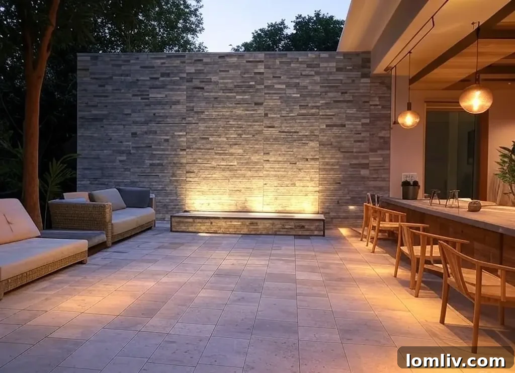 A small outdoor patio cleverly divided into distinct zones using different flooring materials and furniture arrangements, maximizing functionality.