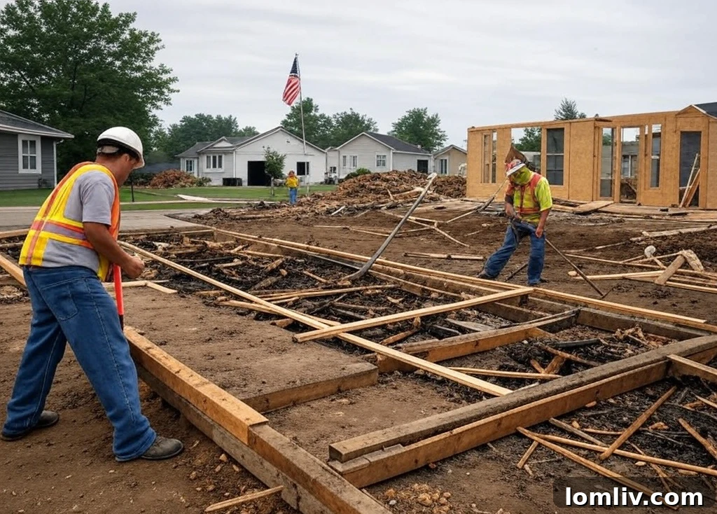 Construction workers repairing a damaged home, illustrating the cost of rebuilding.