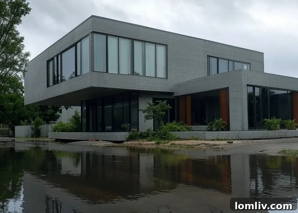 A residential house with a raised concrete foundation, demonstrating flood protection.