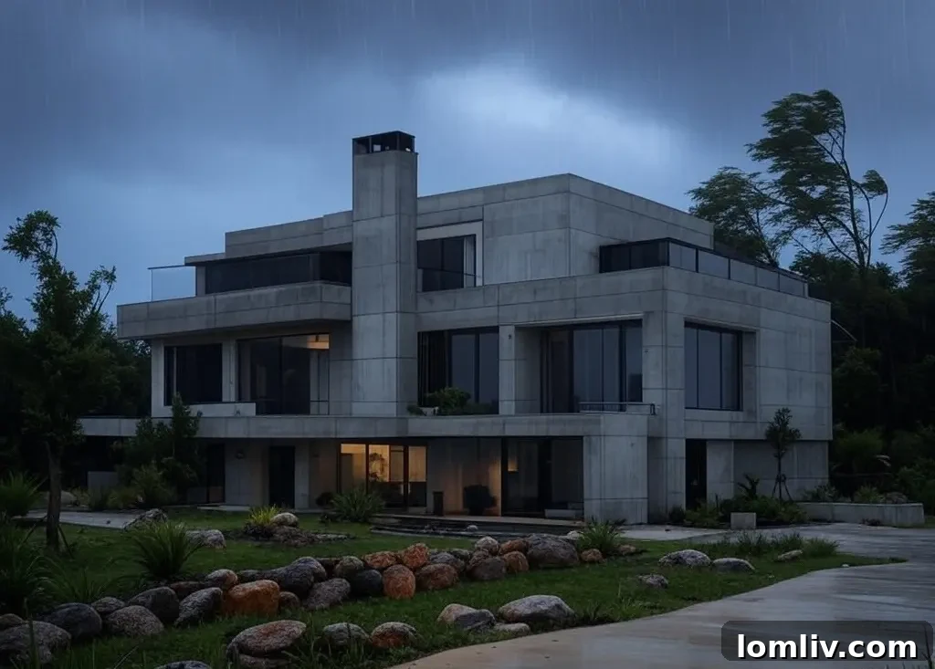 A well-maintained concrete patio and walkway around a modern home, showcasing concrete's versatility.