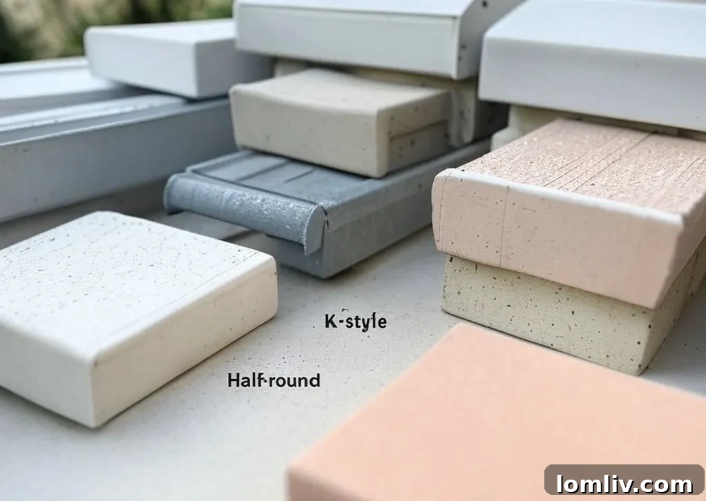 Various types of soffit and gutter materials arranged for comparison.