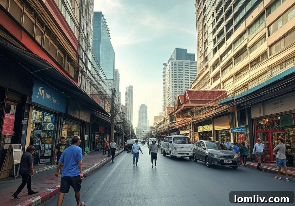 Vibrant commercial street in Bangkok bustling with activity, symbolizing a dynamic and competitive business environment.