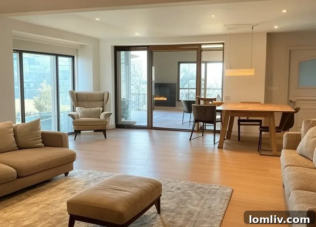 Modern open-plan living space with large windows and contemporary furniture