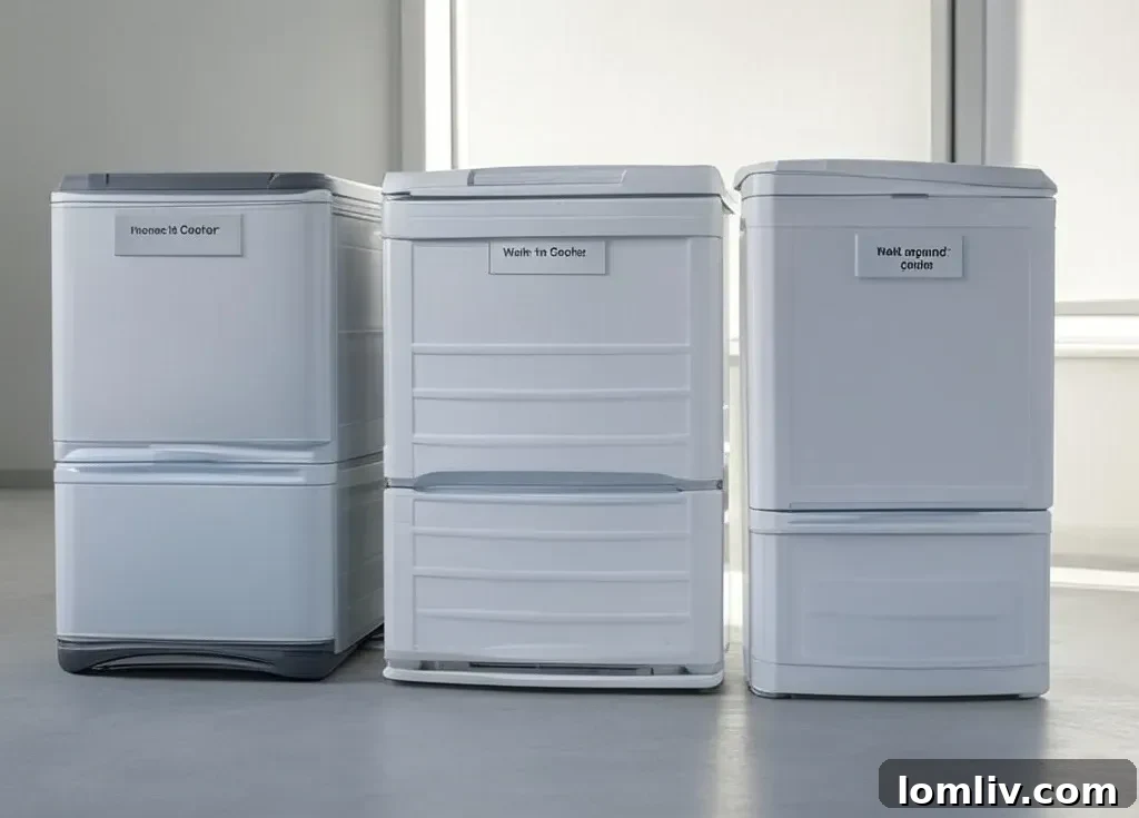 Various commercial refrigeration units in a professional kitchen setting