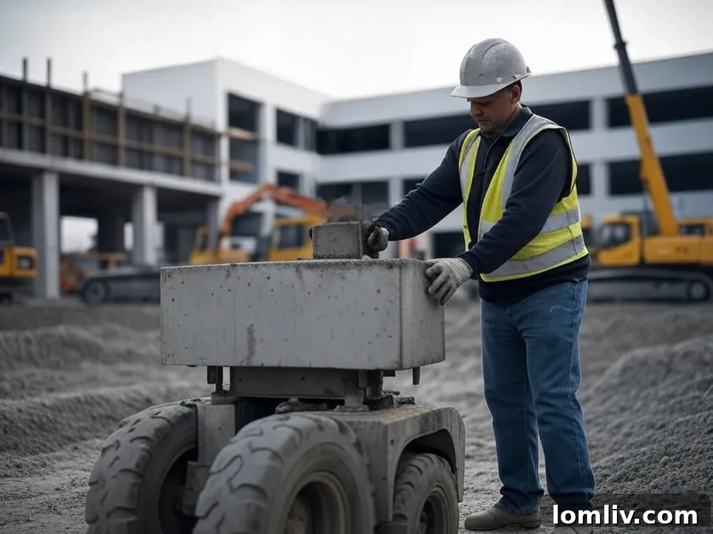 Concrete lifting technician injecting foam beneath a concrete slab.