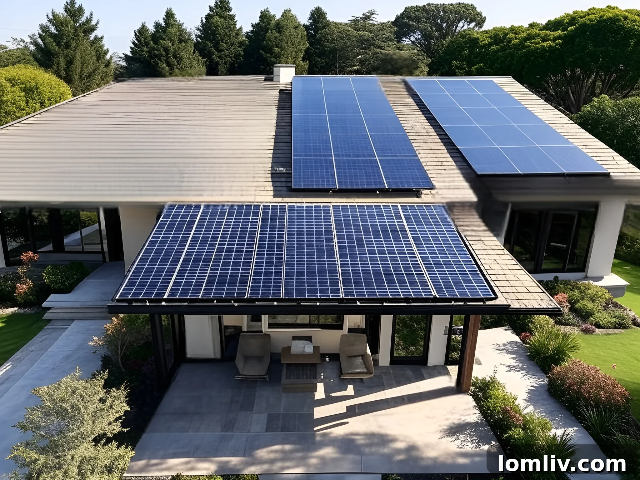 Rooftop solar panels on a modern eco-friendly home