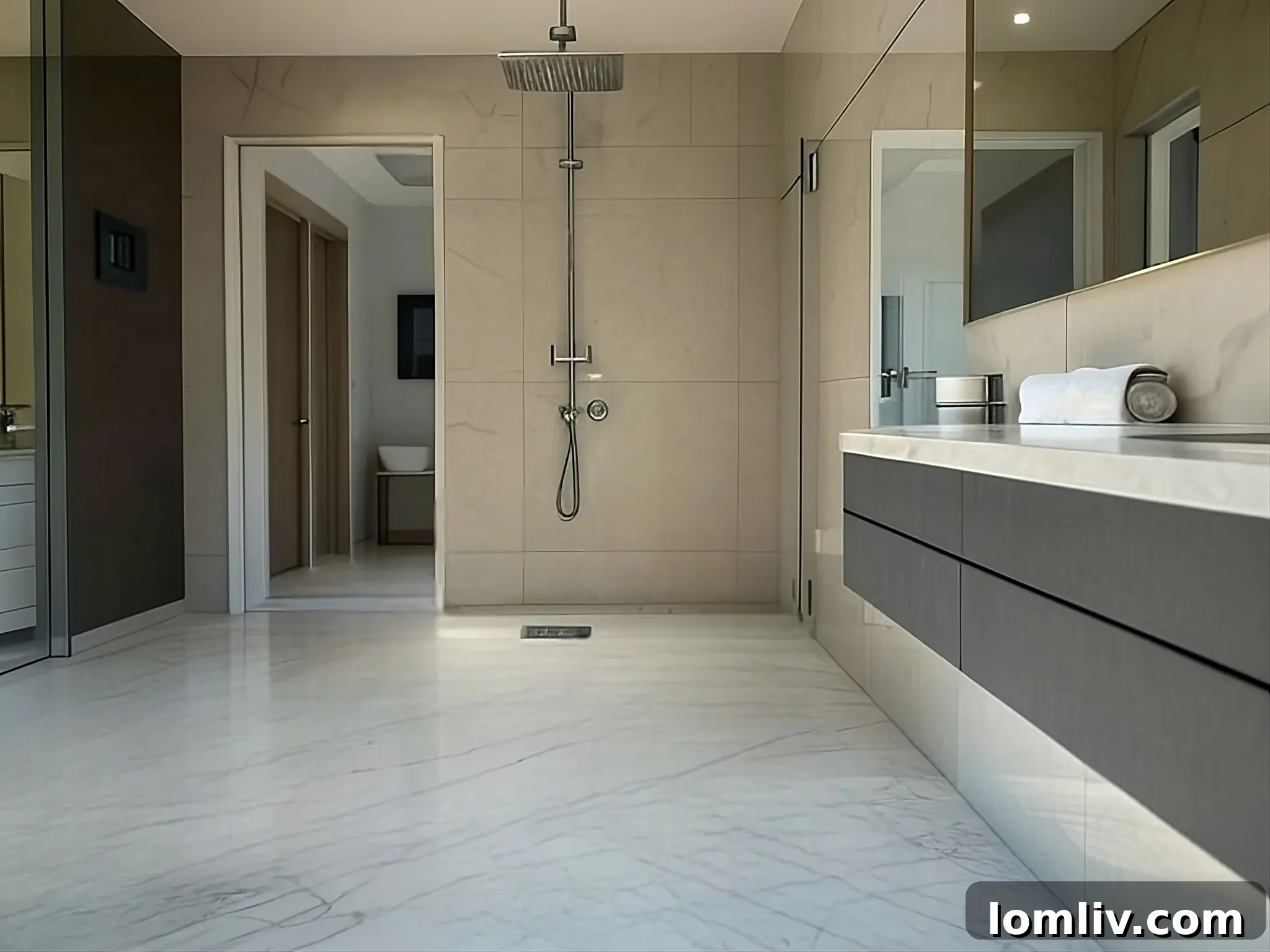 Modern low-flow showerhead in a minimalist bathroom