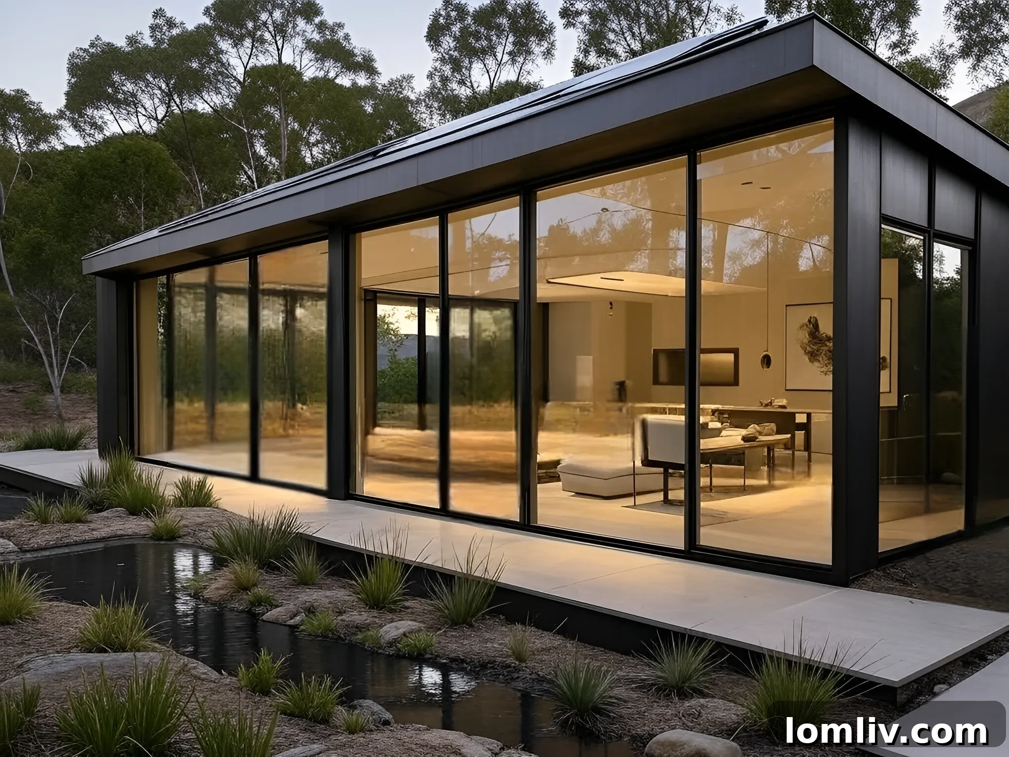Sleek, modern steel home exterior with large windows, demonstrating contemporary design possibilities.