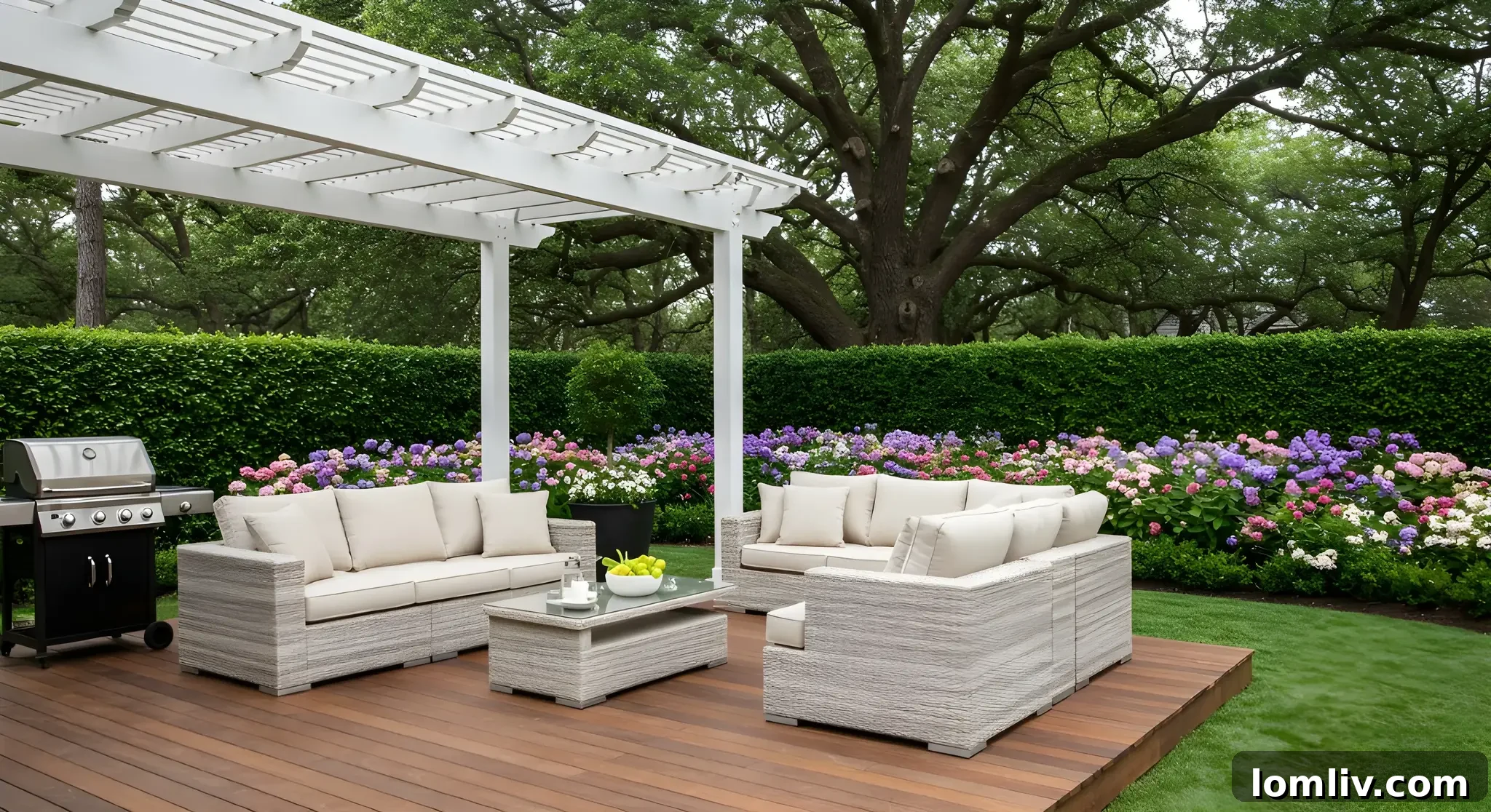 Spacious wooden deck furnished as an outdoor living and dining area