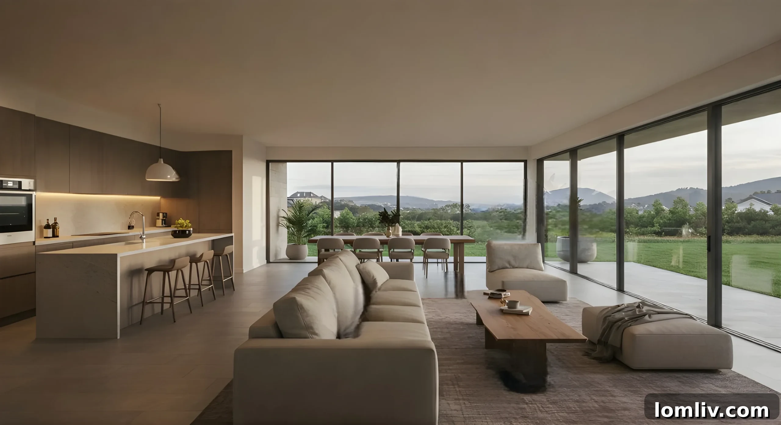 Modern open-plan kitchen and living area seamlessly connecting to outdoor space