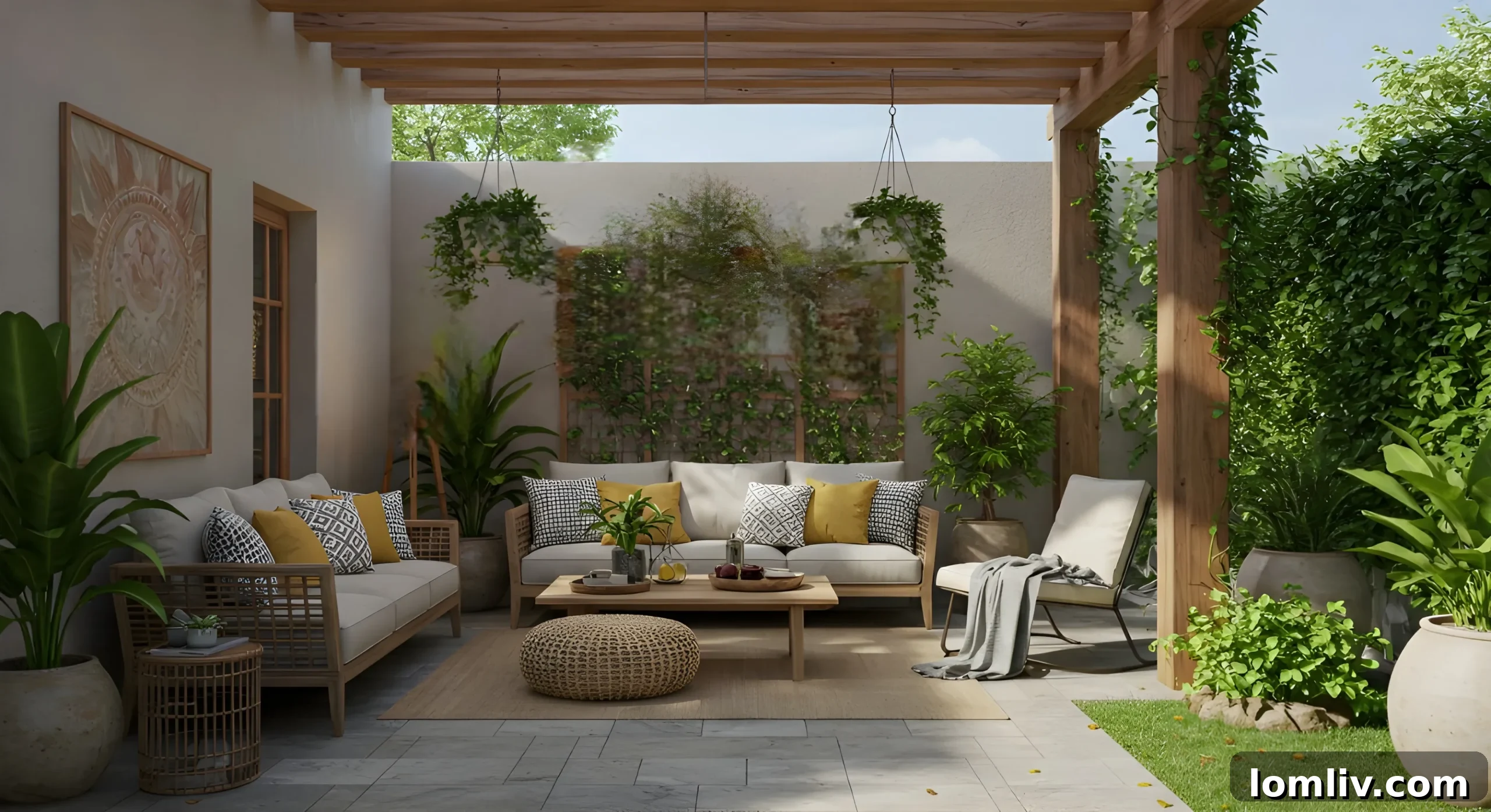 Living room with beige sofa and outdoor patio with rattan furniture, showing cohesive decor