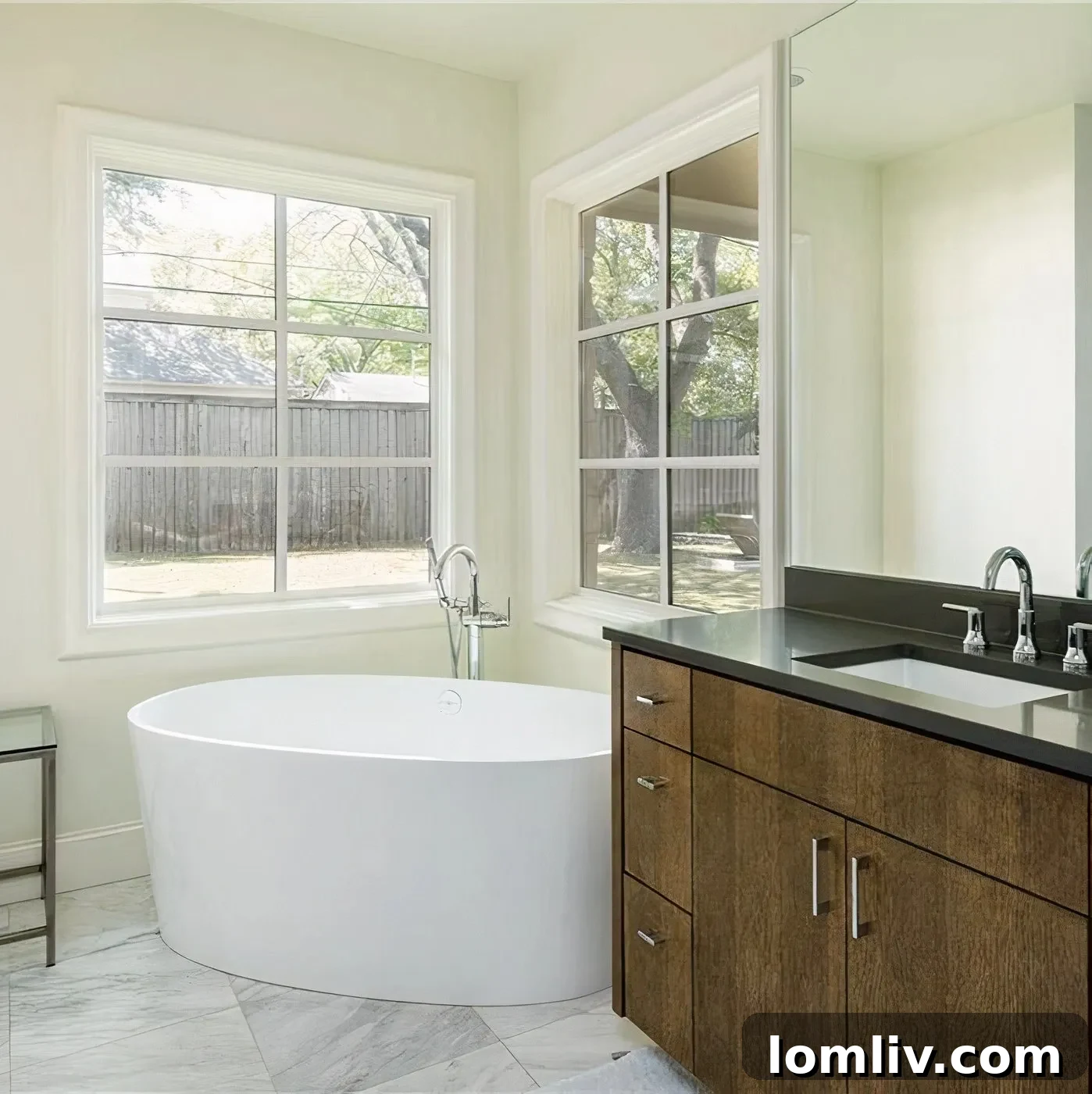 Scottie Scheffler's elegant contemporary bathroom with an oval white bathtub and dark wood vanity