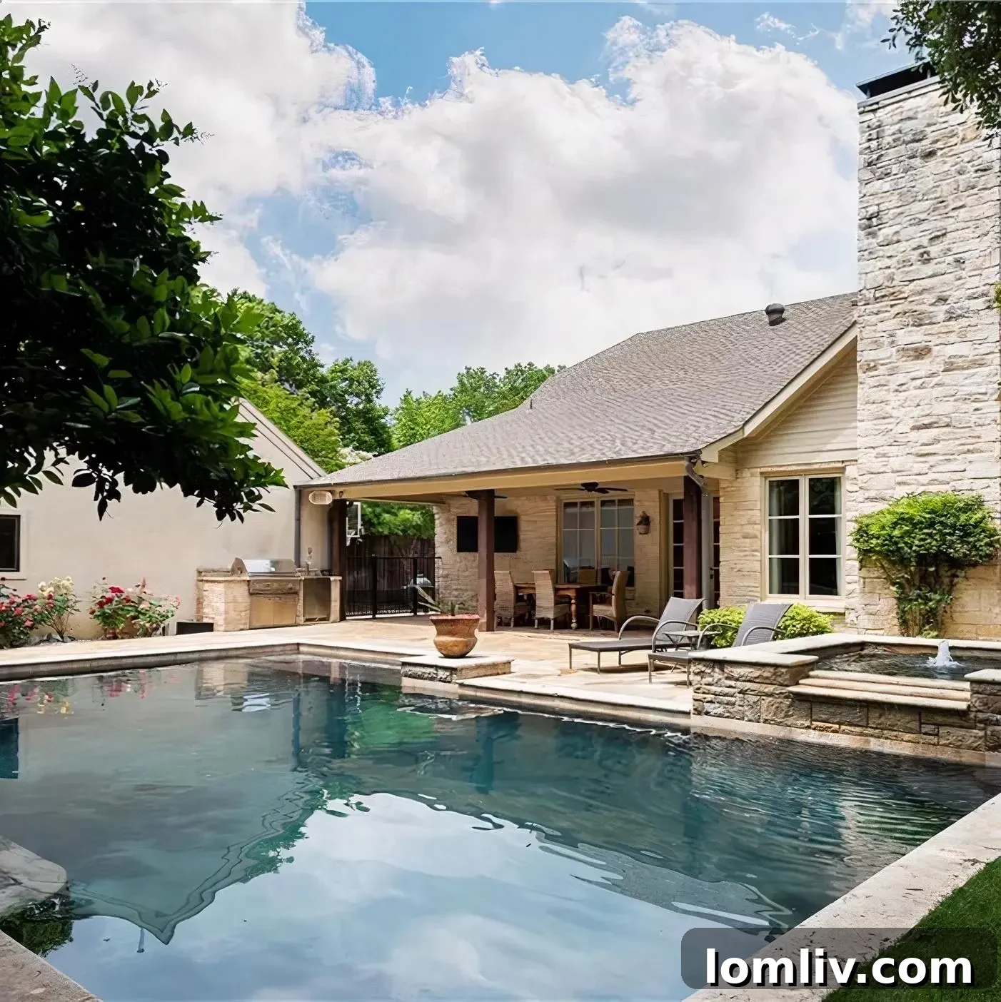 Lounge chairs by Scottie Scheffler's dark-tiled pool on a flagstone patio