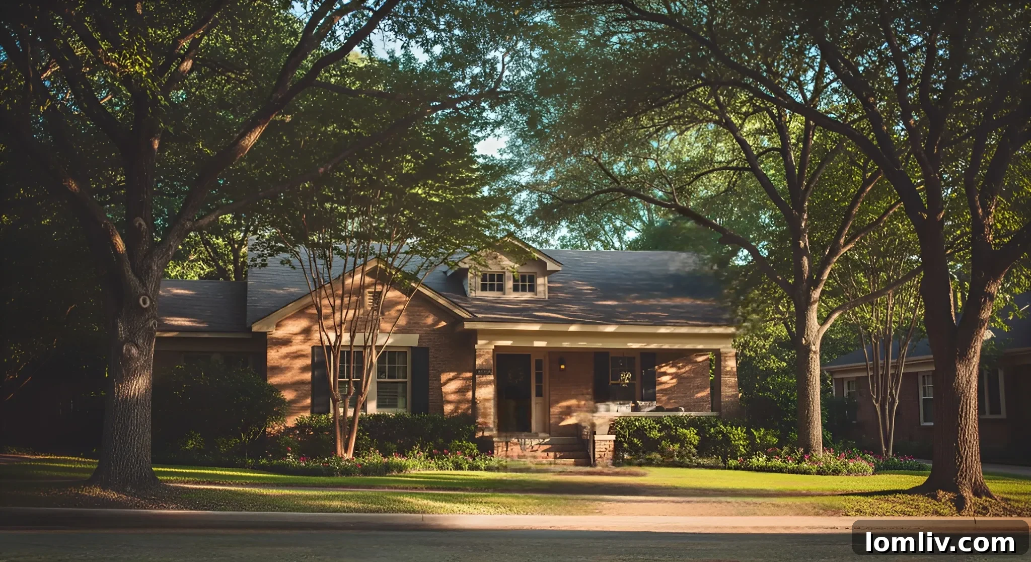 A house with lush green trees providing natural shade to the roof, promoting cooler temperatures