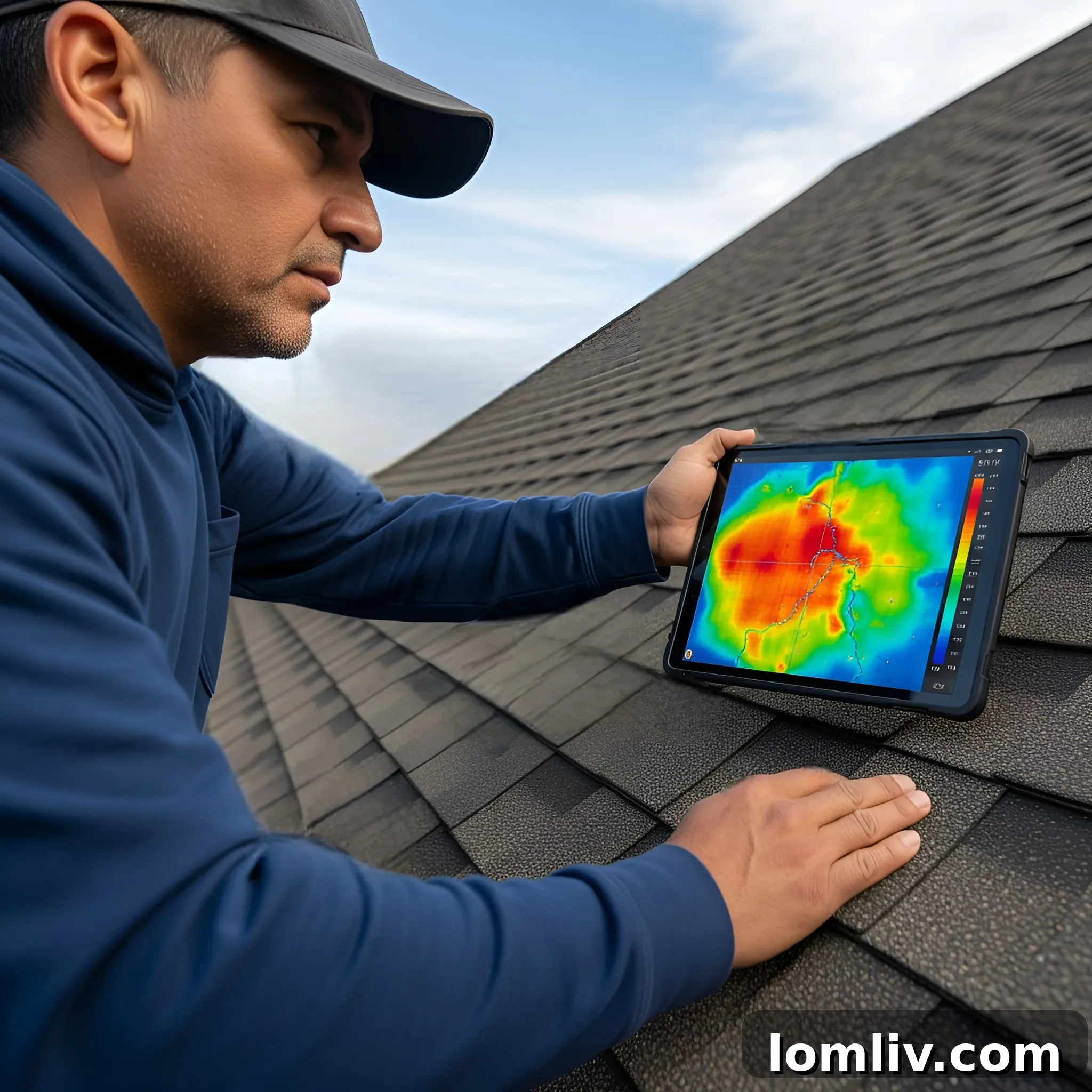 A roofing professional using advanced data collection tools for a detailed roof inspection