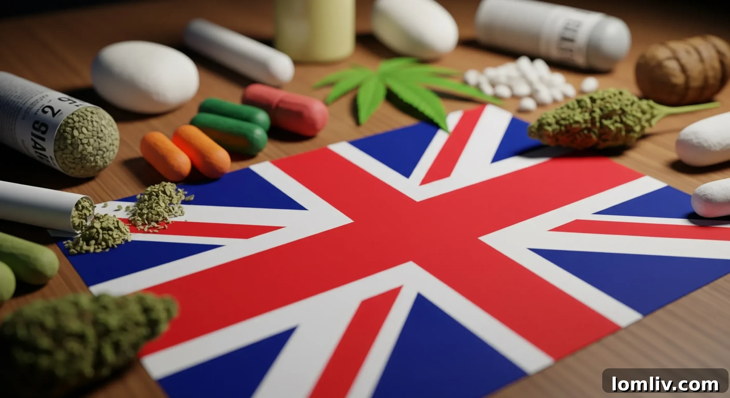 Various types of drugs next to a UK flag on a table, symbolizing the country's struggle with addiction