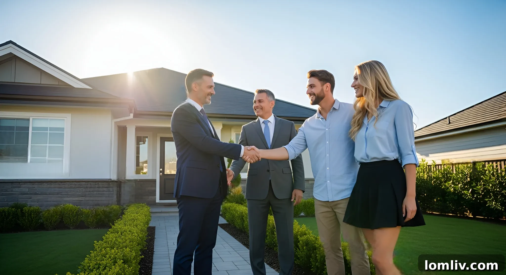 Real estate investor shaking hands with a homeowner during a pre-foreclosure negotiation, symbolizing a deal being made.