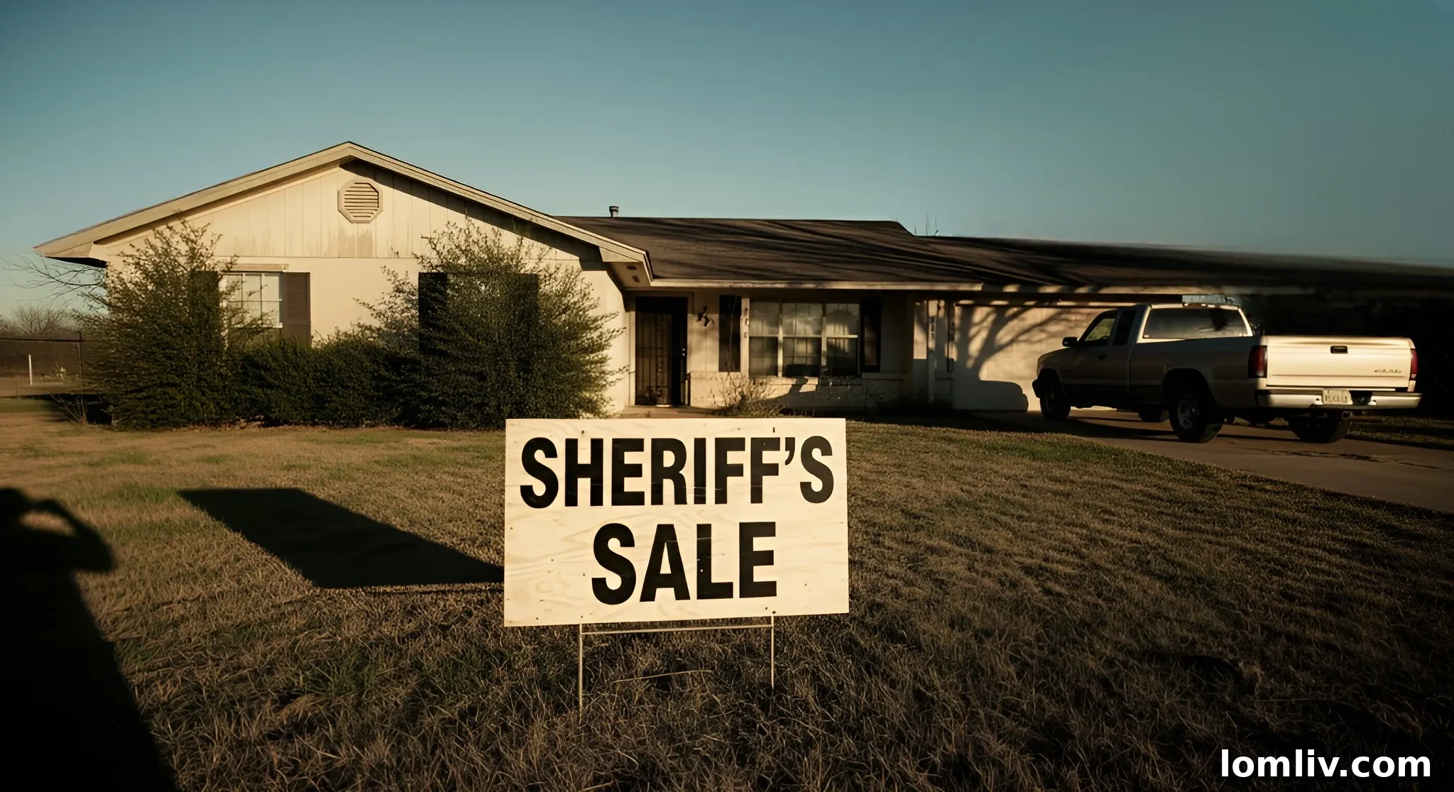 A forlorn house with a 'foreclosure' sign, representing the outcome of failing to sell a home in time.