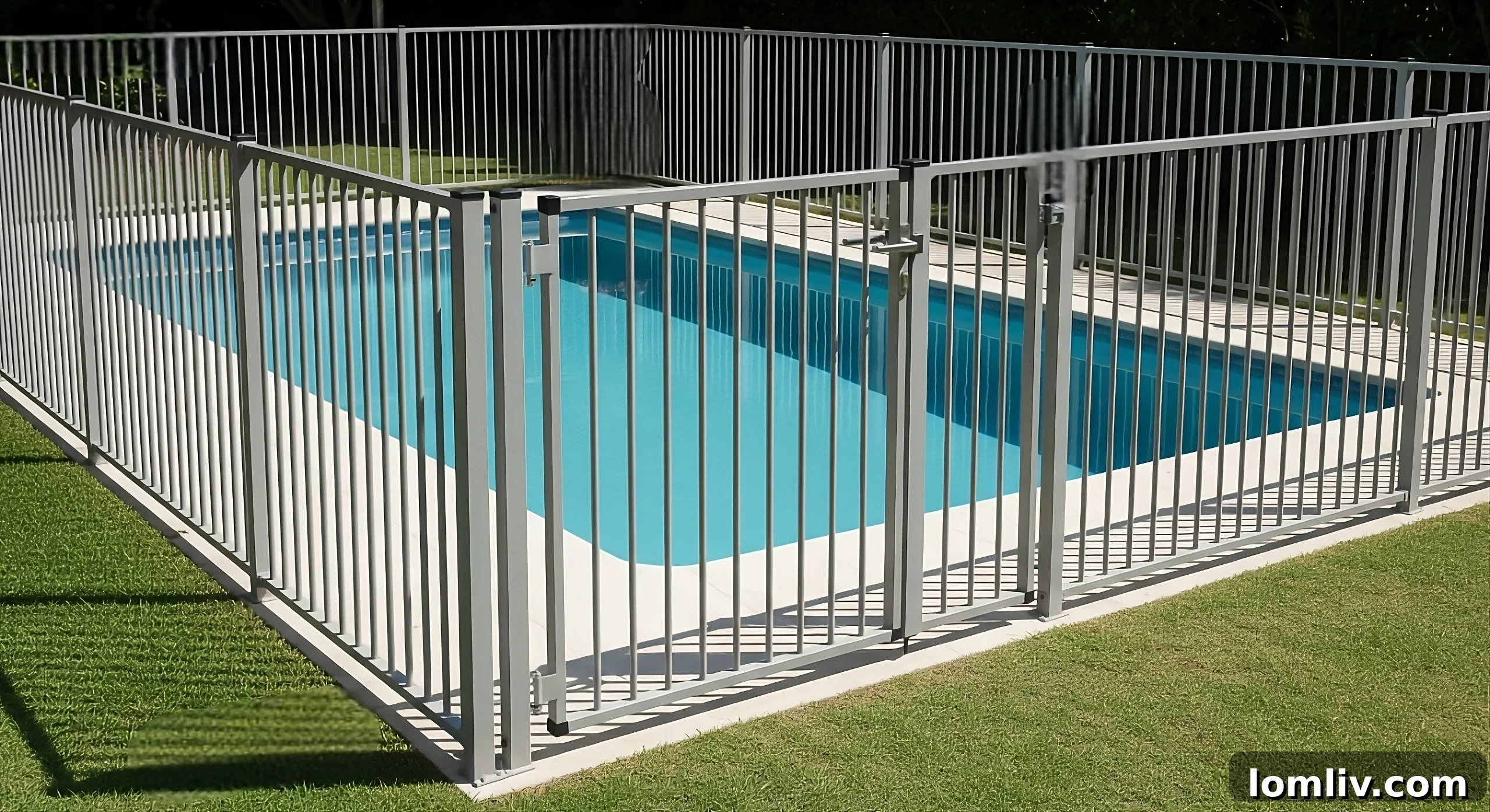 A pristine swimming pool with a safety fence in a landscaped backyard.
