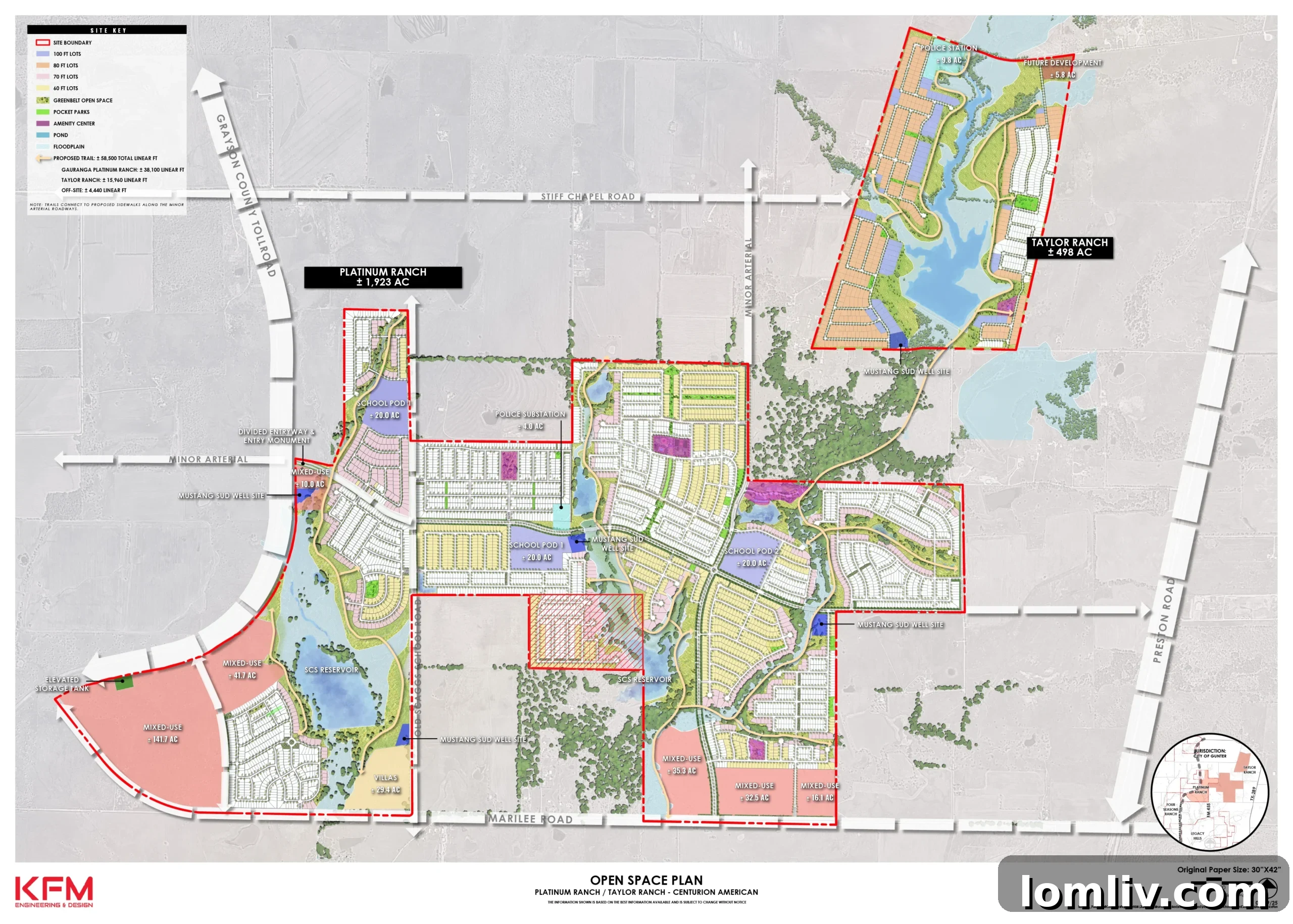 Semiconductor Boom Ignites Thousands of New Homes in Gunter, Texas 2 An aerial rendering of the Platinum Ranch Master-Planned Community in Gunter, TX, showcasing residential areas, green spaces, and future developments.